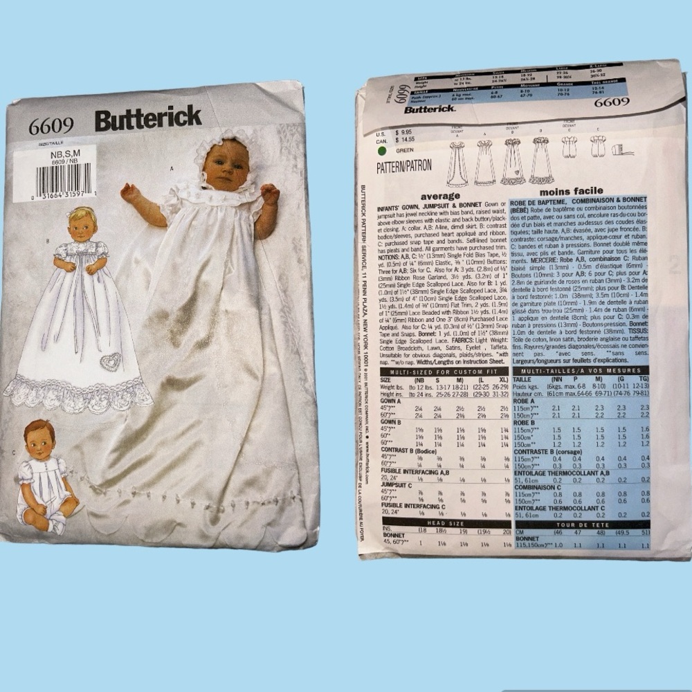 Butterick uncut sewing pattern heirloom christening gown jumpsuit and bonnet